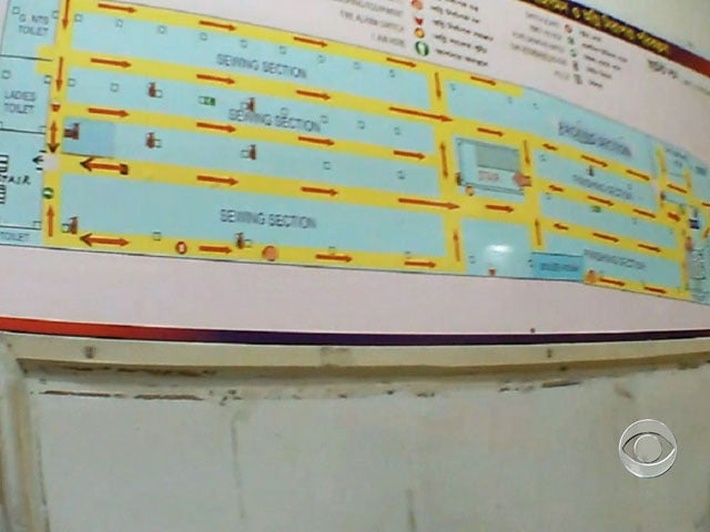 The boss at Monde Apparels showed us an evacuation map marking the location of 13 fire extinguishers, but nearly all of them were missing. 