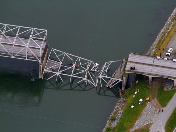 A collapsed section of the Interstate 5 bridge over the Skagit River is seen in an aerial view May 24, 2013. 