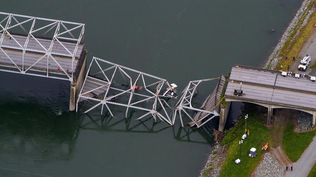 A collapsed section of the Interstate 5 bridge over the Skagit River is seen in an aerial view May 24, 2013. 