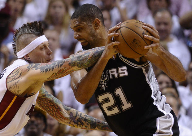 Chris Andersen of the Miami Heat guards Tim Duncan of the San Antonio Spurs during the first half in Game 7 of the NBA Finals at the American Airlines Arena June 20, 2013 in Miami, Florida.  