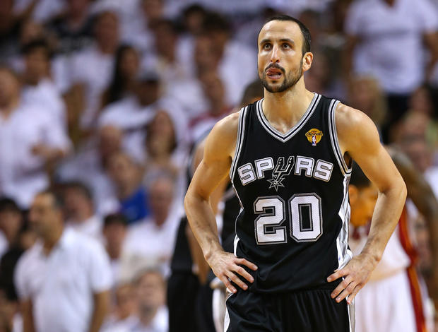 Manu Ginobili of the San Antonio Spurs reacts in the first half while taking on the Miami Heat during Game 7 of the 2013 NBA Finals at American Airlines Arena on June 20, 2013 in Miami, Florida.  