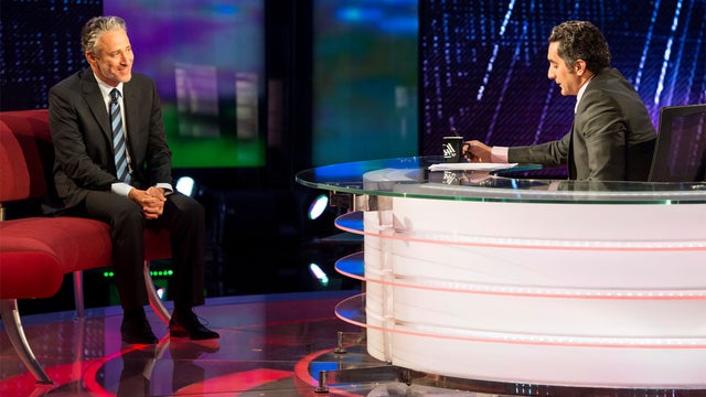 "Daily Show" host Jon Stewart is seen during a taping of Egyptian comedy show "Al-Bernameg" ("The Program") with host Bassem Youssef July 19, 2013, in Cairo. 