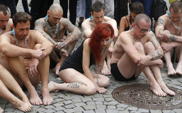 Animal rights activists in Prague after being branded 