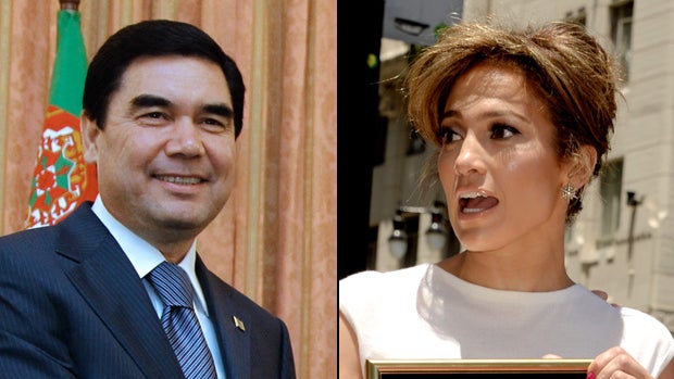 Gurbanguly Berdimuhamedow, president of Turkmenistan (left) and singer and performer Jennifer Lopez (left). 