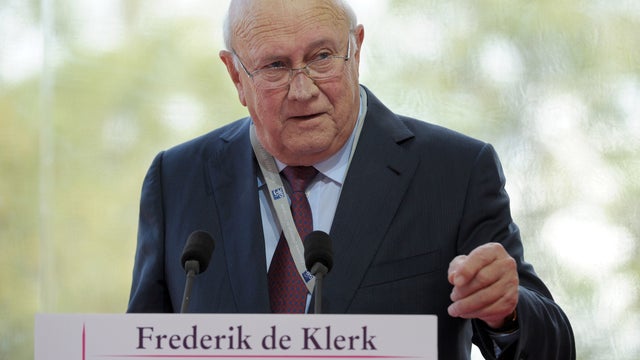 Former South African President Frederik de Klerk gives a speech during a special plenary session outside Paris 