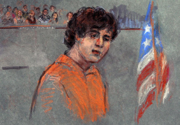 This courtroom sketch depicts Boston Marathon bombing suspect Dzhokhar Tsarnaev during arraignment in federal court Wednesday, July 10, 2013 in Boston. The 19-year-old has been charged with using a weapon of mass destruction, and could face the death penalty. 
