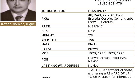 The wanted poster for Miguel Trevino Morales on the Drug Enforcement Administration's website. 