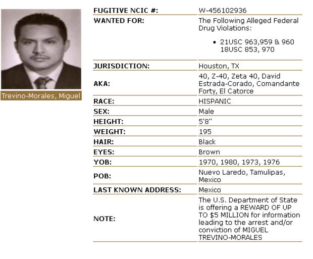 The wanted poster for Miguel Trevino Morales on the Drug Enforcement Administration's website. 