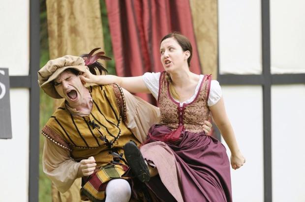 Petruchio (Chris Cotterman) finds that wooing Kate (Ann Turiano) is not all fun and games. 