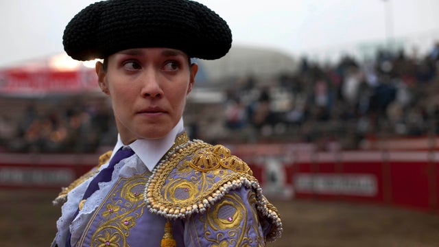 In this June 23, 2013 photo, bullfighter Conchi Rios of Spain, looks on during her performance in Lima, Peru. 