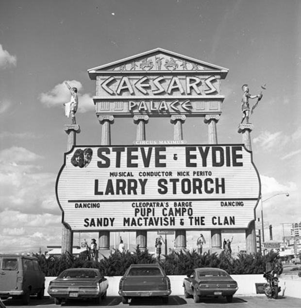 The Caesars Palace marquee with Steve Lawrence and Eydie Gorme headlining on Feb. 28, 1973.  