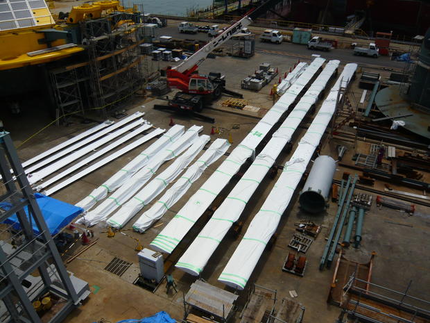 The blades for the above-sea wind turbine portion of one of Modec's "Skwid" hybrid power generation turbines 