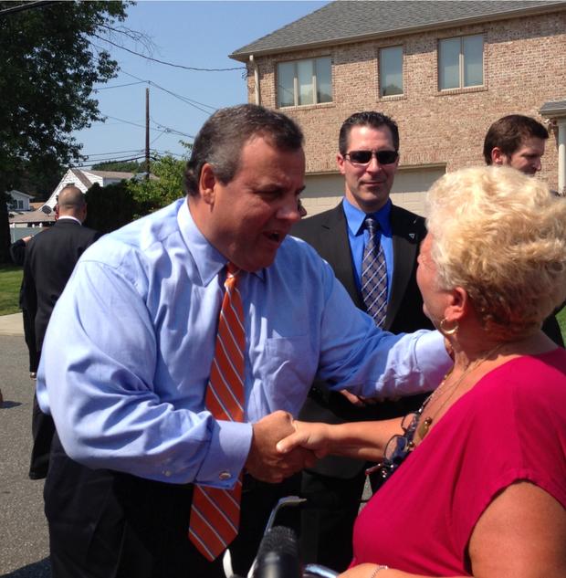 Gov. Chris Christie shakes a woman's hand in Little Ferry, NJ 