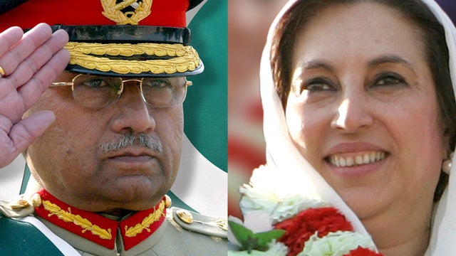Gen. Pervez Musharraf, and at right, slain former Prime Minister Benazir Bhutto 