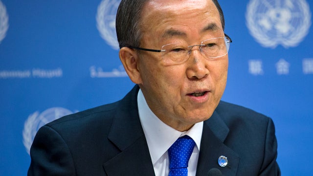 United Nations Secretary-General Ban Ki-moon addresses members of the news media Sept. 9, 2013, at the United Nations. 