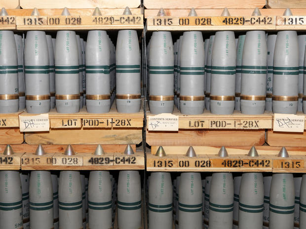One-hundred-five millimeter shells containing mustard agent are stored in a bunker at the Army's Pueblo Chemical Depot in Pueblo, Colo., Jan. 21, 2010. 