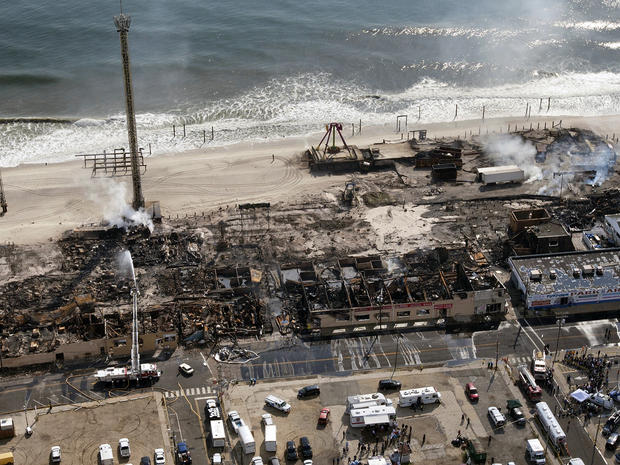 This aerial picture shows the aftermath of a massive fire that burned a large portion of the Seaside Park boardwalk Sept. 13, 2013, in Seaside Park, N.J. 