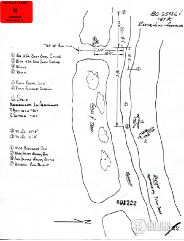 A police drawing, later used in evidence at trial, details just where the bodies were found. 