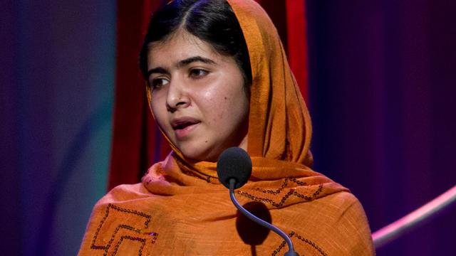 Malala Yousafzai, Pakistani teenager shot by Taliban for promoting education for girls, speaks after receiving Leadership in Civil Society award at Clinton Global Initiative's Citizen Awards Dinner, Sept. 25, 2013, in New York 