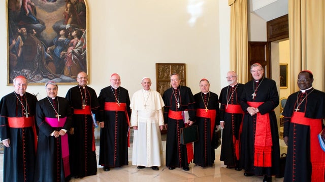 Pope Francis poses with his so-called "Group of Eight" cardinals 