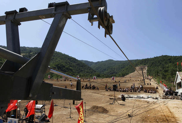 North Korean soldiers work on at building project to construct a ski resort at North Korea's Masik Pass. 