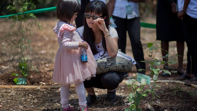 Wendy Zhang and her daughter Stella, 3, crouch down by the tree she planted in memory of her sister-in-law Zhou Jian who died in the attack 