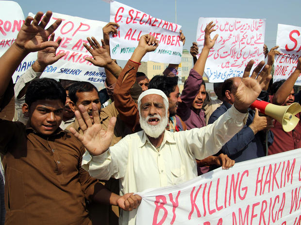 Pakistani protesters from United Citizen Action shout anti-U.S. slogans during a protest against the killing of Taliban leader Hakimullah Mehsud in a U.S. drone attack Nov. 2, 2013. 