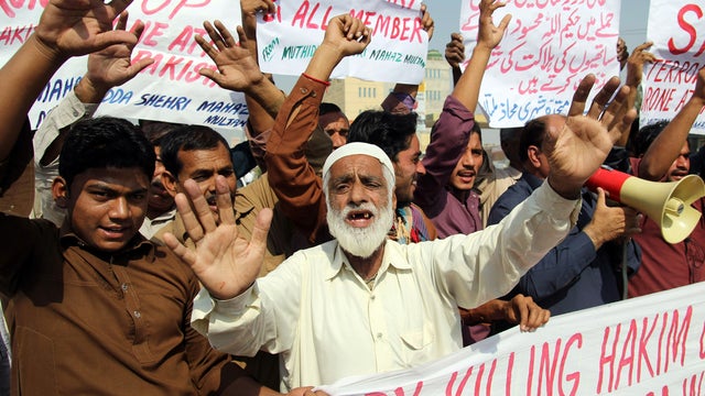 Pakistani protesters from United Citizen Action shout anti-U.S. slogans during a protest against the killing of Taliban leader Hakimullah Mehsud in a U.S. drone attack Nov. 2, 2013. 