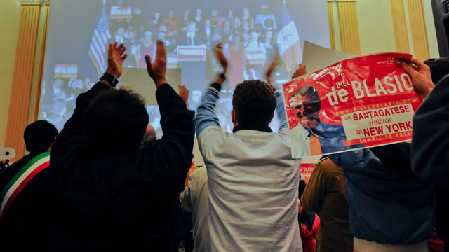 Townspeople celebrate the victory of Bill de Blasio in the New York City's mayoral election in Sant' Agata de' Goti 