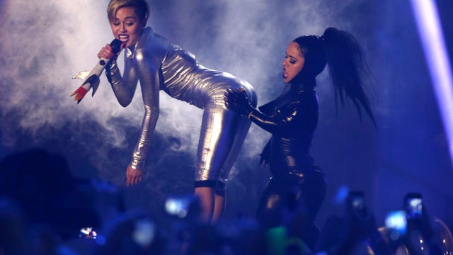 Miley Cyrus twerks onstage at the 2013 MTV Europe Music Awards in Amsterdam, Sunday, Nov. 10, 2013.  