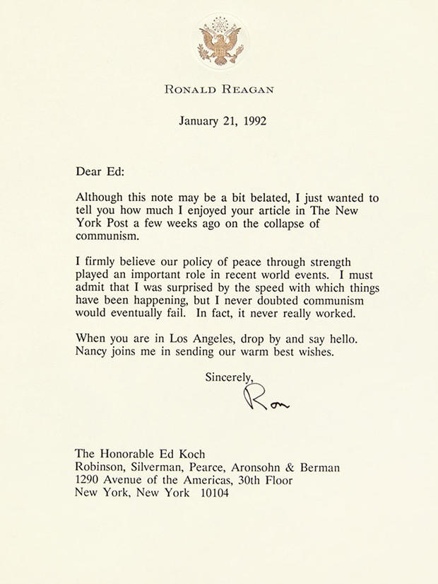 Letter from President Ronald Reagan to former Mayor Ed Koch 