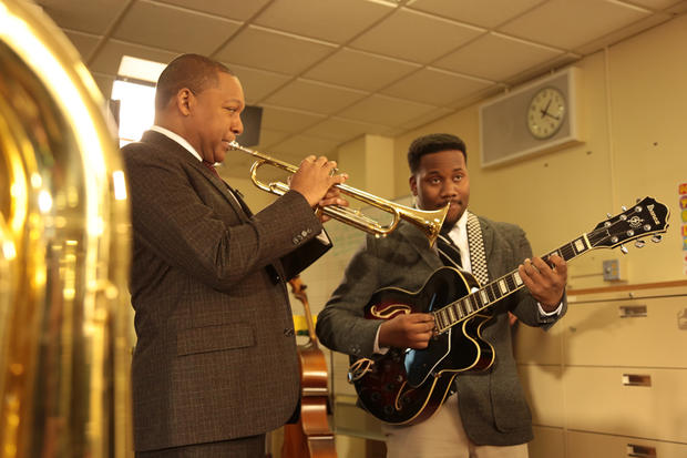 Wynton Marsalis performs with a young jazz guitarist at Arts High School in Newark, N.J. 