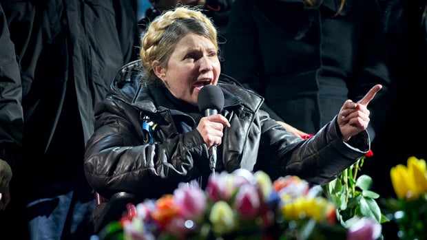 Former Ukrainian Prime Minister Yulia Tymoshenko addresses the crowd in central Kiev, Ukraine, Feb. 22, 2014. 