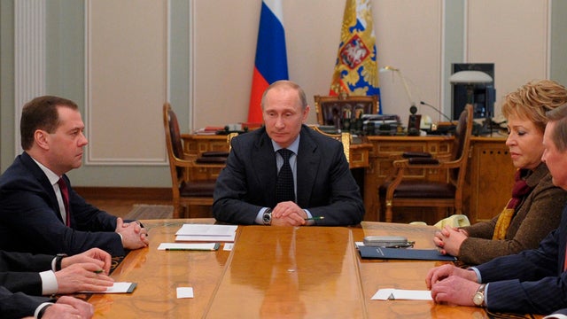 Russian President Vladimir Putin, center, heads the Security Council at the Novo-Ogaryovo residence outside Moscow 
