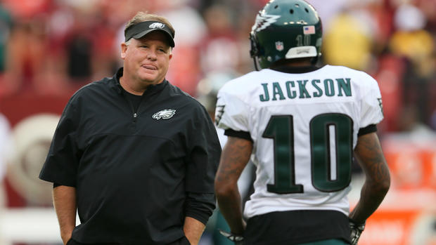 LANDOVER, MD - SEPTEMBER 09: Head coach Chip Kelly of the Philadelphia Eagles talks with wide receiver DeSean Jackson #10 before taking on the Washington Redskins at FedExField on September 9, 2013 in Landover, Maryland. (Photo by Rob Carr/Getty Images)  