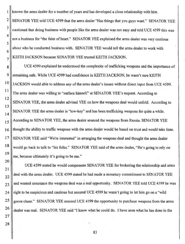 Leland Yee Federal Affidavit Page 83 -- Yee Describes Dangers Of Gun Trafficking, Warning Undercover Agent 