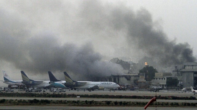 Smoke billows from Jinnah International Airport in Karachi, Pakistan 