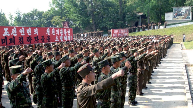 Service personnel from the Korean People's Army (KPA) attend a ceremony at the Sinchon Museum in South Hwanghae Province 