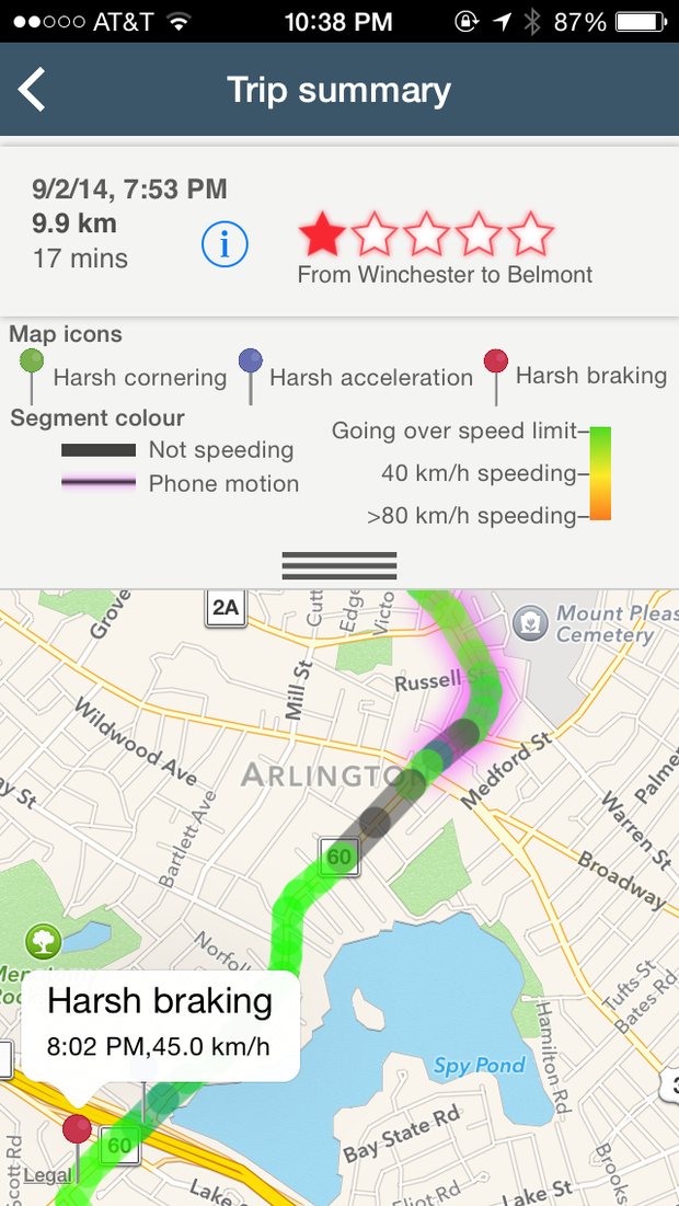 Cambridge Mobile Telematics app screen-Harsh Breaking 