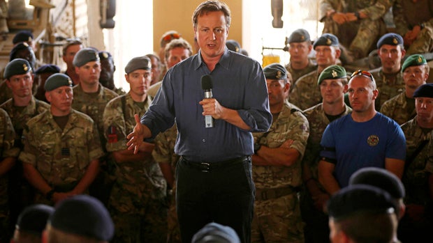 British Prime Minister David Cameron addresses British troops at Camp Bastion in southern Afghanistan Oct. 3, 2014. 