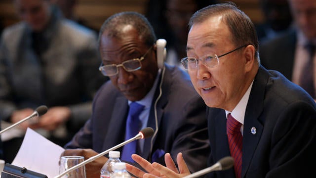 U.N. Secretary-General Ban Ki-moon, right, delivers opening remarks with Guinea President Alpha Conde during a meeting on the Ebola crisis during the International Monetary Fund's annual meetings at the World Bank headquarters Oct. 9, 2014, in Washington. 