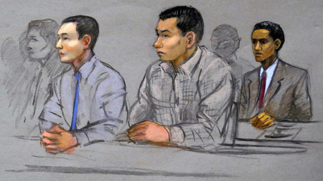 This courtroom sketch shows defendants Azamat Tazhayakov, left, Dias Kadyrbayev, center, and Robel Phillipos, college friends of Boston Marathon bombing suspect Dzhokhar Tsarnaev, during a hearing in federal court May 13, 2014, in Boston. 