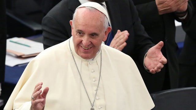 Pope Francis gestures during a short visit to the European Parliament  
