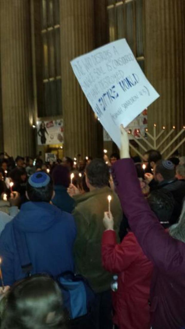 Protesters Gather At 30th Street Station As They Celebrate The Last Night Of Chanukah 