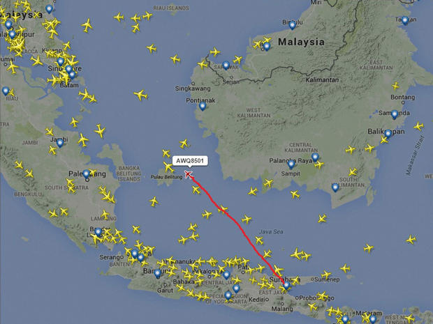 The flight path and last known position of AirAsia Flight 8501 