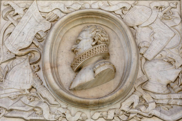 A plaque showing a bust in relief of writer Miguel de Cervantes is pictured on a wall outside Convento de las Trinitarias Descalzas on April 28, 2014 in Madrid, Spain. 
