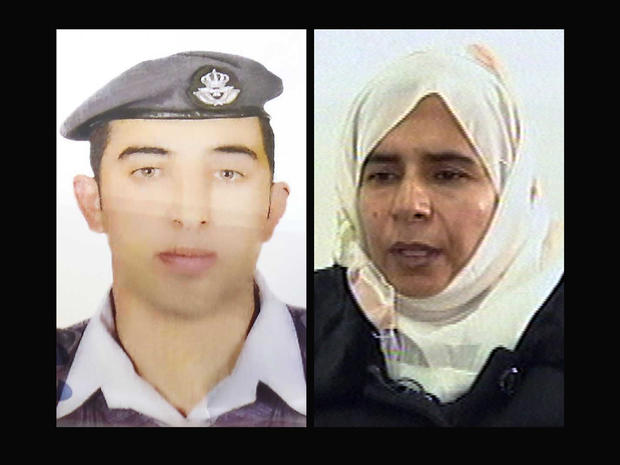 Jordanian pilot Lt. Muath al-Kaseasbeh, left, and a still image from video, right, of Sajida al-Rishawi, an Iraqi woman sentenced to death in Jordan for her involvement in a 2005 terrorist attack on a hotel 