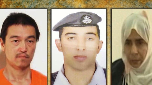 (from left) The Japanese hostage and Jordanian fighter pilot being held by ISIS and the terror suspect being held by Jordan; all were at center of possible prisoner swap  