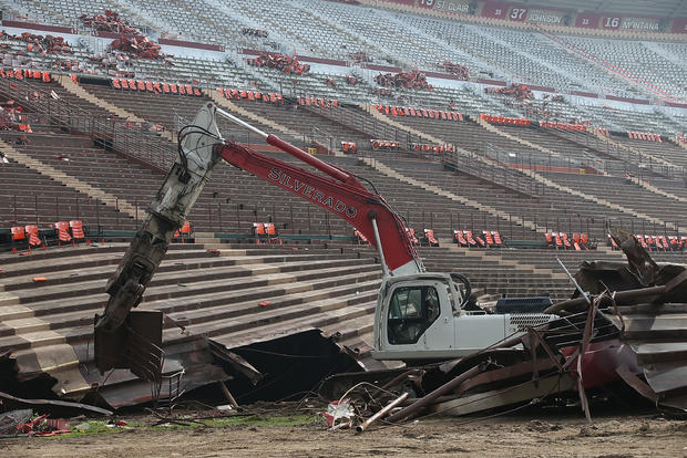 Workers demolish a section of stadium seats inside Candlestick Park in San Francisco, California, Feb. 4, 2015. 