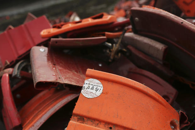 A stack of broken stadium seats is seen at Candlestick Park in San Francisco, California, Feb. 4, 2015. 